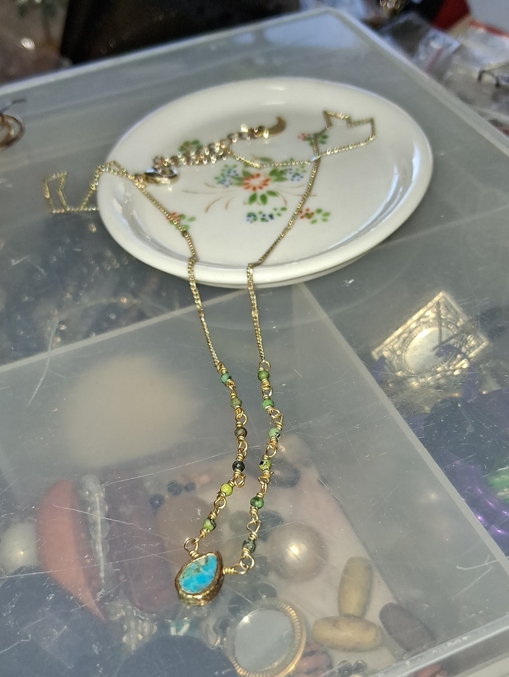 Gold-plate Necklace with Blue Turquoise Pendant and Green Bead AccentsLuna Norte